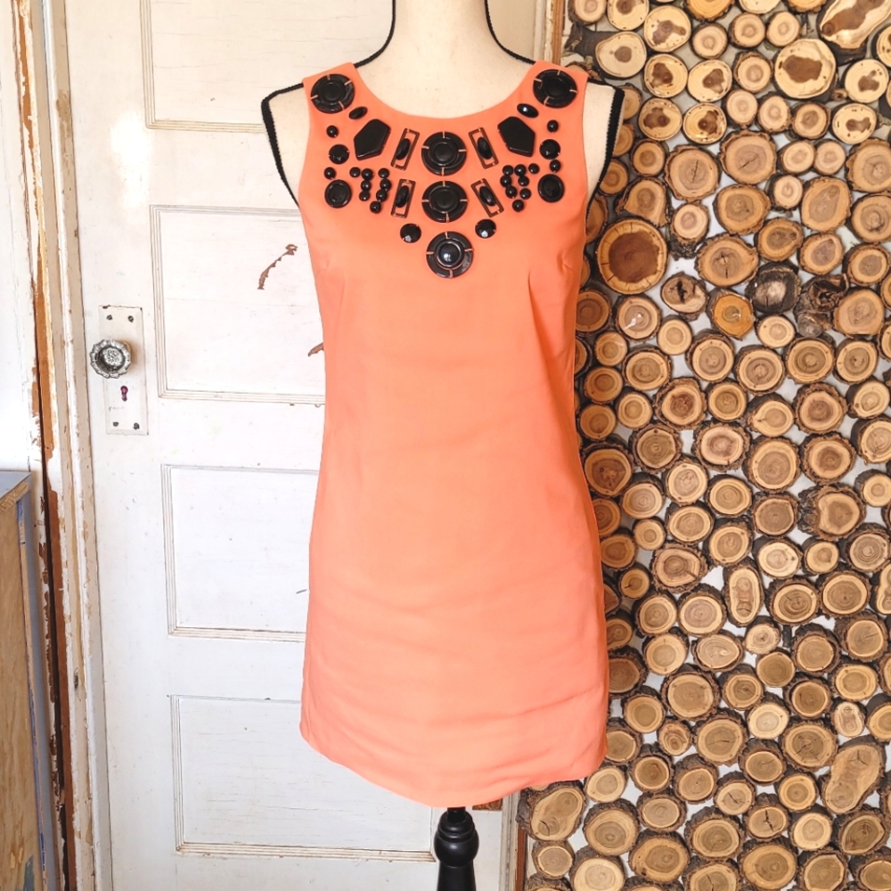 Asos Petite Beaded Neckline Coral Orange Sleeveless Dress Size 2